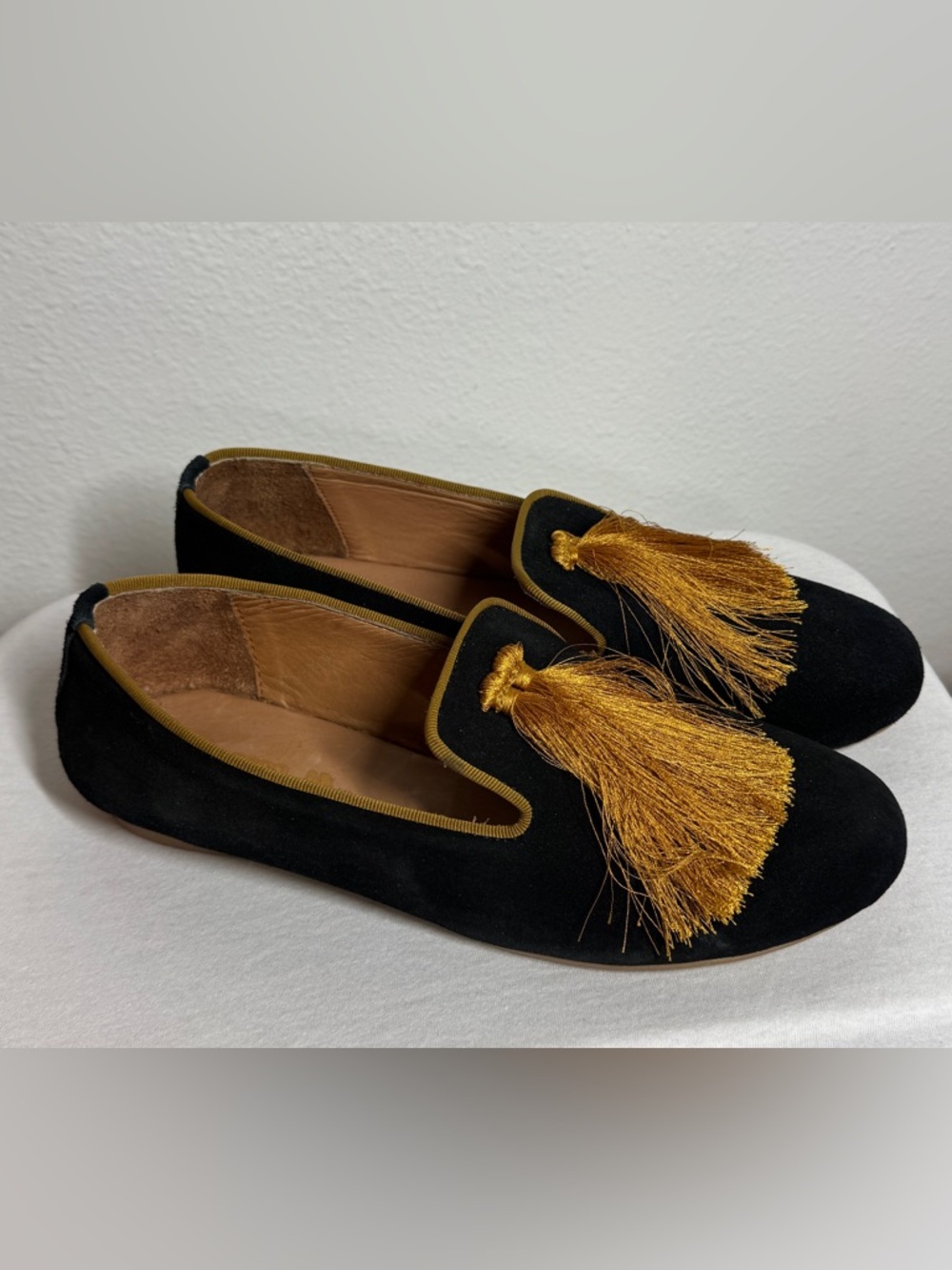 Silvia Cobos Cora Black Gold Tassel Fringe Suede Leather Flat Loafer Size 11